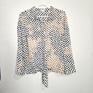 Black And Tan Polka Dot Tir Front Long Sleeve Blouse